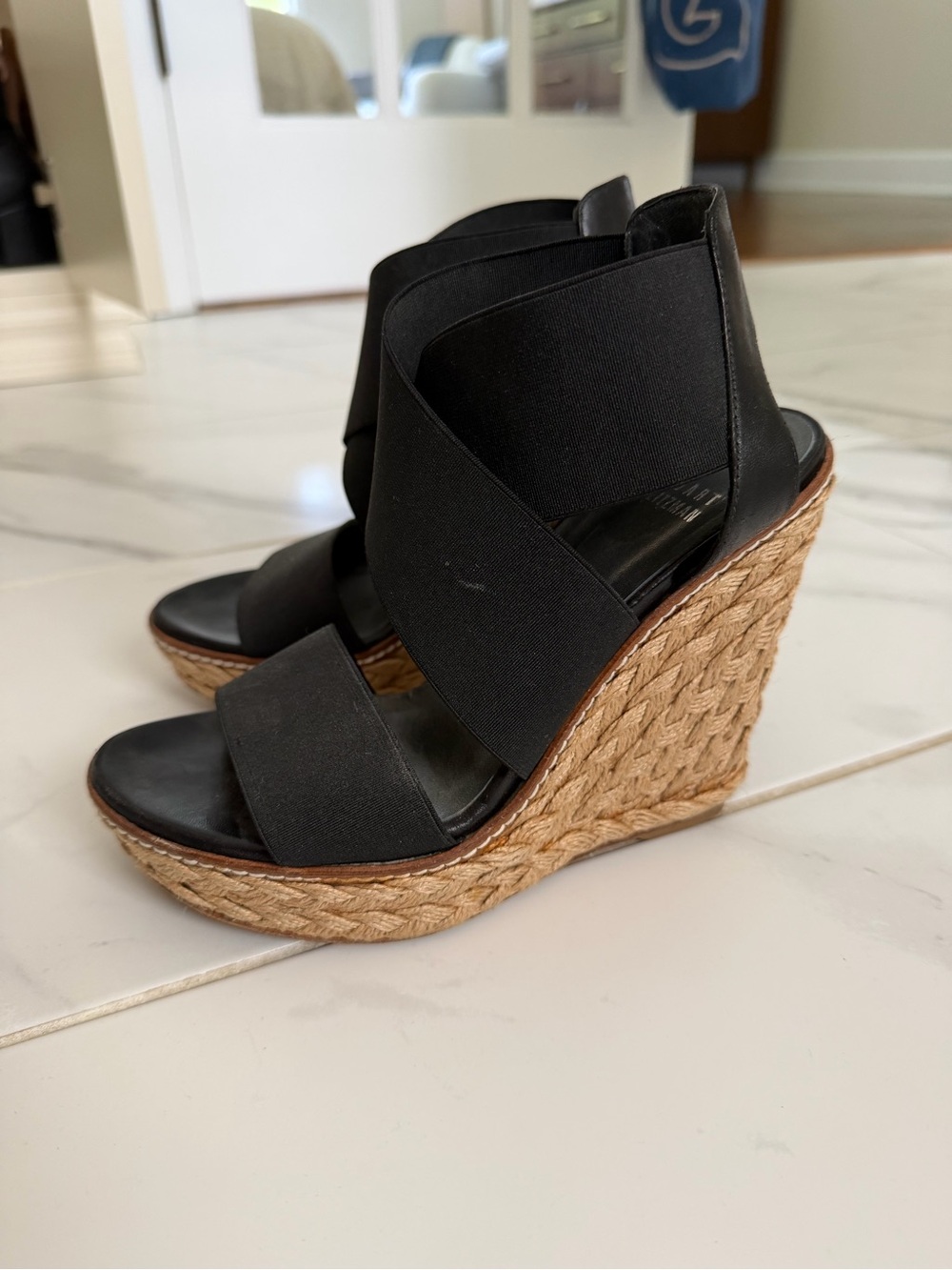 Stuart Weitzman Black Elastic Espadrille Wedge Sandals